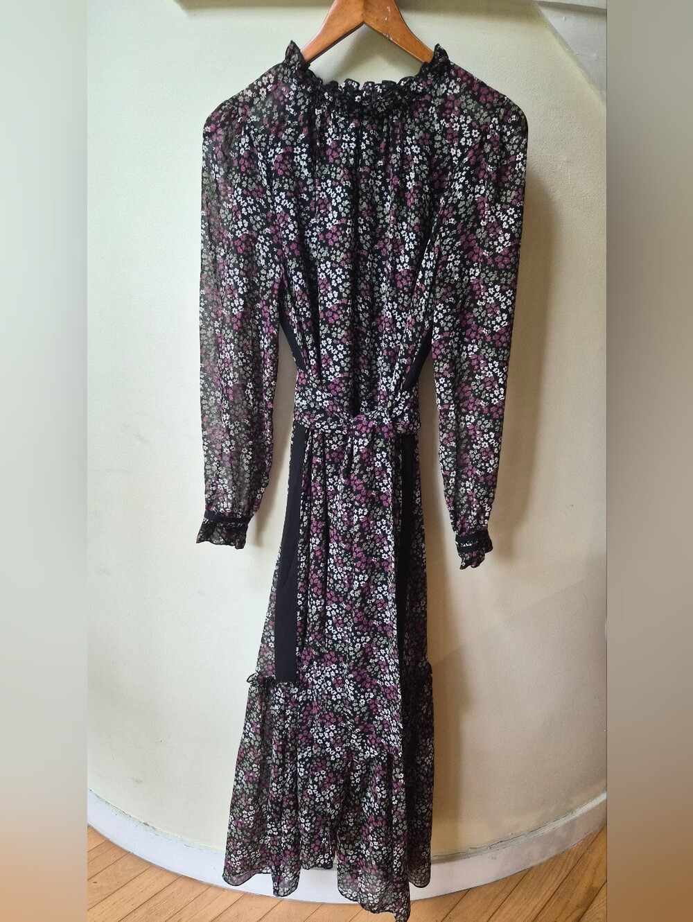 ME+EM Floral Ruffle Maxi Dress Black Pink Green UK 16 US 12